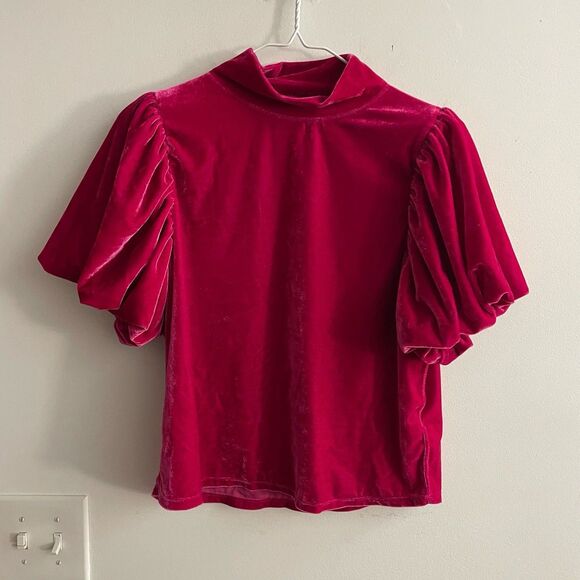 Free People Hot Pink Velvet Puff Sleeve Mock Neck Tee Women Small Luxe Romantic - Picture 4 of 9